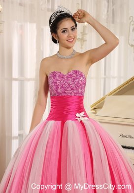 Varied Pink Tulle Quincanera Dress with Wide Sash