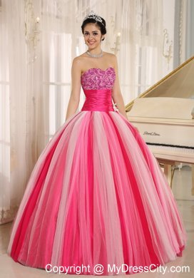 Varied Pink Tulle Quincanera Dress with Wide Sash