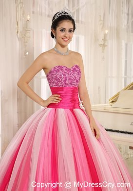 Varied Pink Tulle Quincanera Dress with Wide Sash