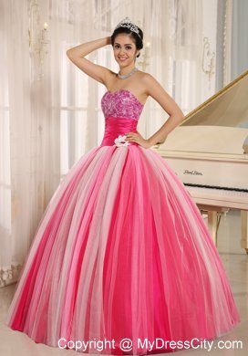 Varied Pink Tulle Quincanera Dress with Wide Sash