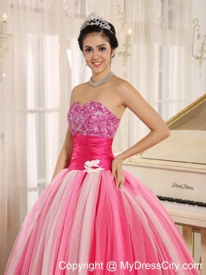 Varied Pink Tulle Quincanera Dress with Wide Sash