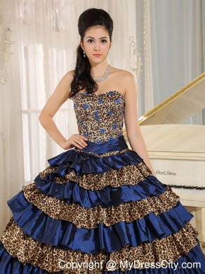 Navy Blue Leopard Ruffled Layers with Appliques Quinceanera Dress