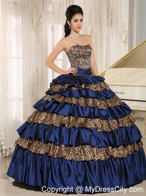 Navy Blue Leopard Ruffled Layers with Appliques Quinceanera Dress