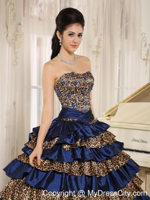 Navy Blue Leopard Ruffled Layers with Appliques Quinceanera Dress