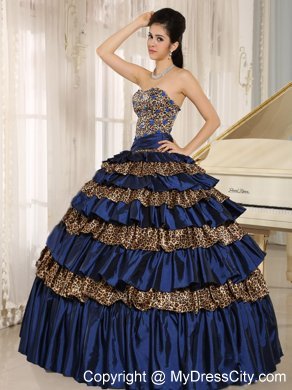 Navy Blue Leopard Ruffled Layers with Appliques Quinceanera Dress