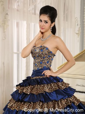 Navy Blue Leopard Ruffled Layers with Appliques Quinceanera Dress