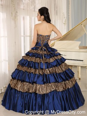 Navy Blue Leopard Ruffled Layers with Appliques Quinceanera Dress