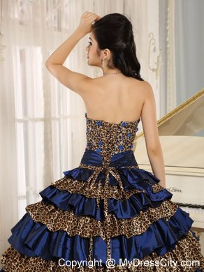 Navy Blue Leopard Ruffled Layers with Appliques Quinceanera Dress