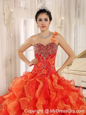 Orange Red One Shoulder Ruffled Quinceanera Dress