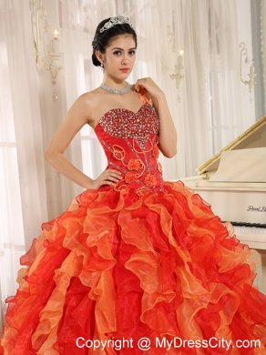 Orange Red One Shoulder Ruffled Quinceanera Dress