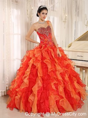 Orange Red One Shoulder Ruffled Quinceanera Dress