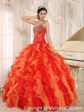 Orange Red One Shoulder Ruffled Quinceanera Dress