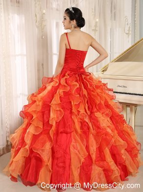 Orange Red One Shoulder Ruffled Quinceanera Dress