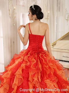 Orange Red One Shoulder Ruffled Quinceanera Dress