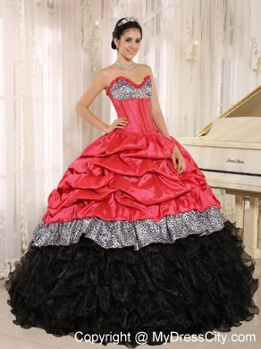 Watermelon and Black Ruffles Quinceanera Dress with Embroidery