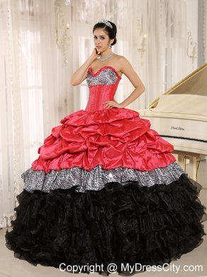 Watermelon and Black Ruffles Quinceanera Dress with Embroidery