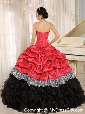 Watermelon and Black Ruffles Quinceanera Dress with Embroidery