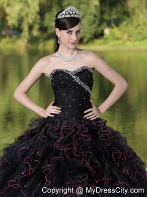 Black Quinceanera Dress with Beadings and Red Hemline Ruffles