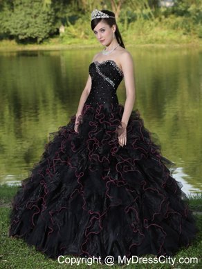 Black Quinceanera Dress with Beadings and Red Hemline Ruffles