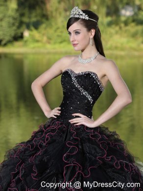 Black Quinceanera Dress with Beadings and Red Hemline Ruffles