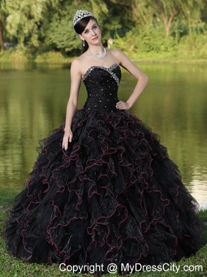 Black Quinceanera Dress with Beadings and Red Hemline Ruffles