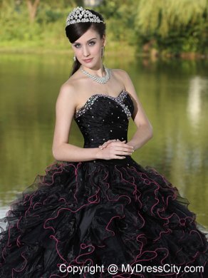 Black Quinceanera Dress with Beadings and Red Hemline Ruffles