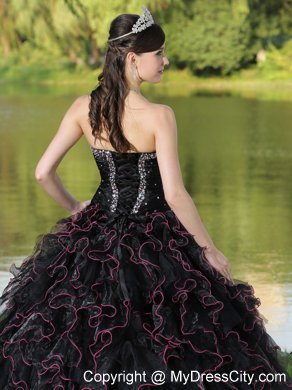 Black Quinceanera Dress with Beadings and Red Hemline Ruffles