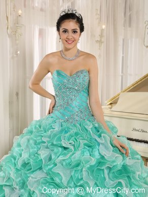 Apple Green Beaded Bodice and Ruffled Quinceanera Dress