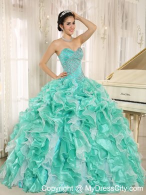 Apple Green Beaded Bodice and Ruffled Quinceanera Dress