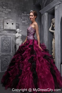 Burgundy Sweetheart Leopard and Organza Ruffled Quinceanera Dress