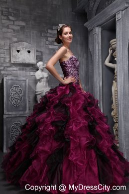 Burgundy Sweetheart Leopard and Organza Ruffled Quinceanera Dress