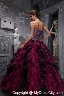 Burgundy Sweetheart Leopard and Organza Ruffled Quinceanera Dress