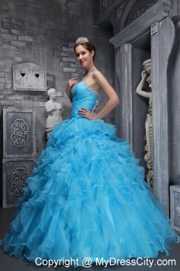 Aqua Blue Quinceanera Dress with Beadings and Puffy Ruffles