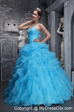 Aqua Blue Quinceanera Dress with Beadings and Puffy Ruffles