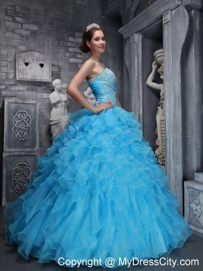 Aqua Blue Quinceanera Dress with Beadings and Puffy Ruffles