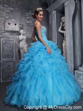 Aqua Blue Quinceanera Dress with Beadings and Puffy Ruffles