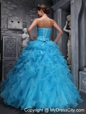 Aqua Blue Quinceanera Dress with Beadings and Puffy Ruffles