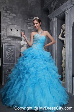 Aqua Blue Quinceanera Dress with Beadings and Puffy Ruffles