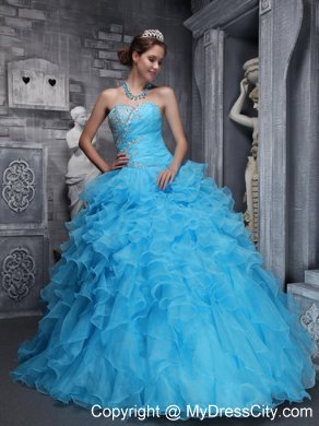 Aqua Blue Quinceanera Dress with Beadings and Puffy Ruffles