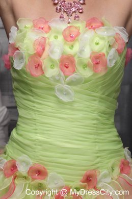 Colored Beaded and Ruffled Quinceanera Dress with Hand-made Flowers