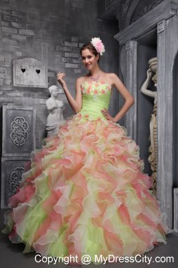 Colored Beaded and Ruffled Quinceanera Dress with Hand-made Flowers