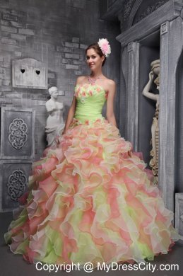 Colored Beaded and Ruffled Quinceanera Dress with Hand-made Flowers