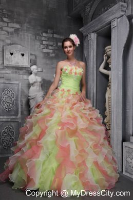 Colored Beaded and Ruffled Quinceanera Dress with Hand-made Flowers