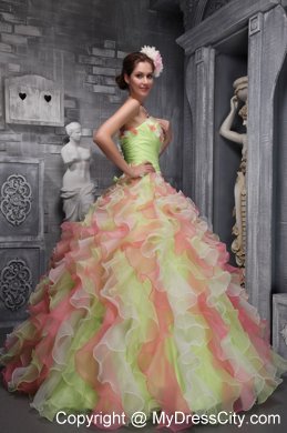 Colored Beaded and Ruffled Quinceanera Dress with Hand-made Flowers