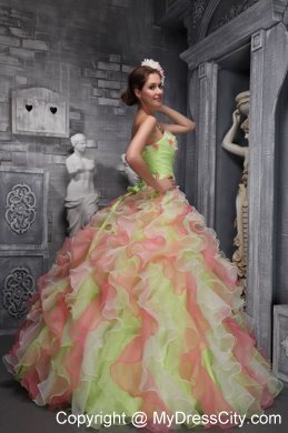 Colored Beaded and Ruffled Quinceanera Dress with Hand-made Flowers