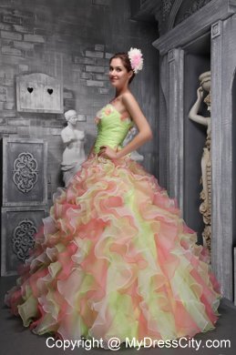 Colored Beaded and Ruffled Quinceanera Dress with Hand-made Flowers