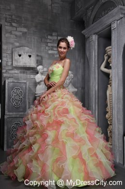 Colored Beaded and Ruffled Quinceanera Dress with Hand-made Flowers