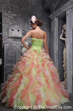 Colored Beaded and Ruffled Quinceanera Dress with Hand-made Flowers