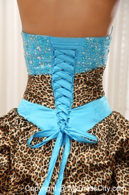 Leopard Court Train Aqua Blue Quinceanera Dress with V-cut Neck