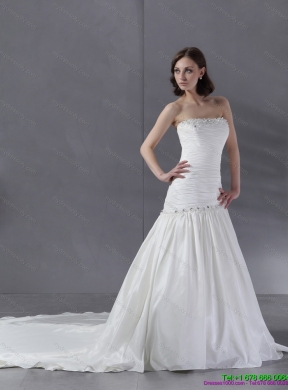 Ruched Beaded Strapless White Wedding Dresses with Chapel Train